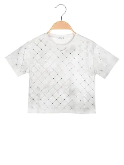 Lollitop T-shirt cropped da bambina in cotone con strass - bianco