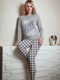 Lonsdale Pigiama lungo da donna in cotone con pantaloni a quadri