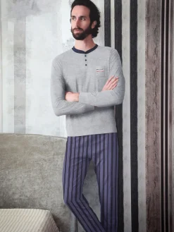 Lonsdale Pigiama lungo da uomo in cotone con pantaloni a righe