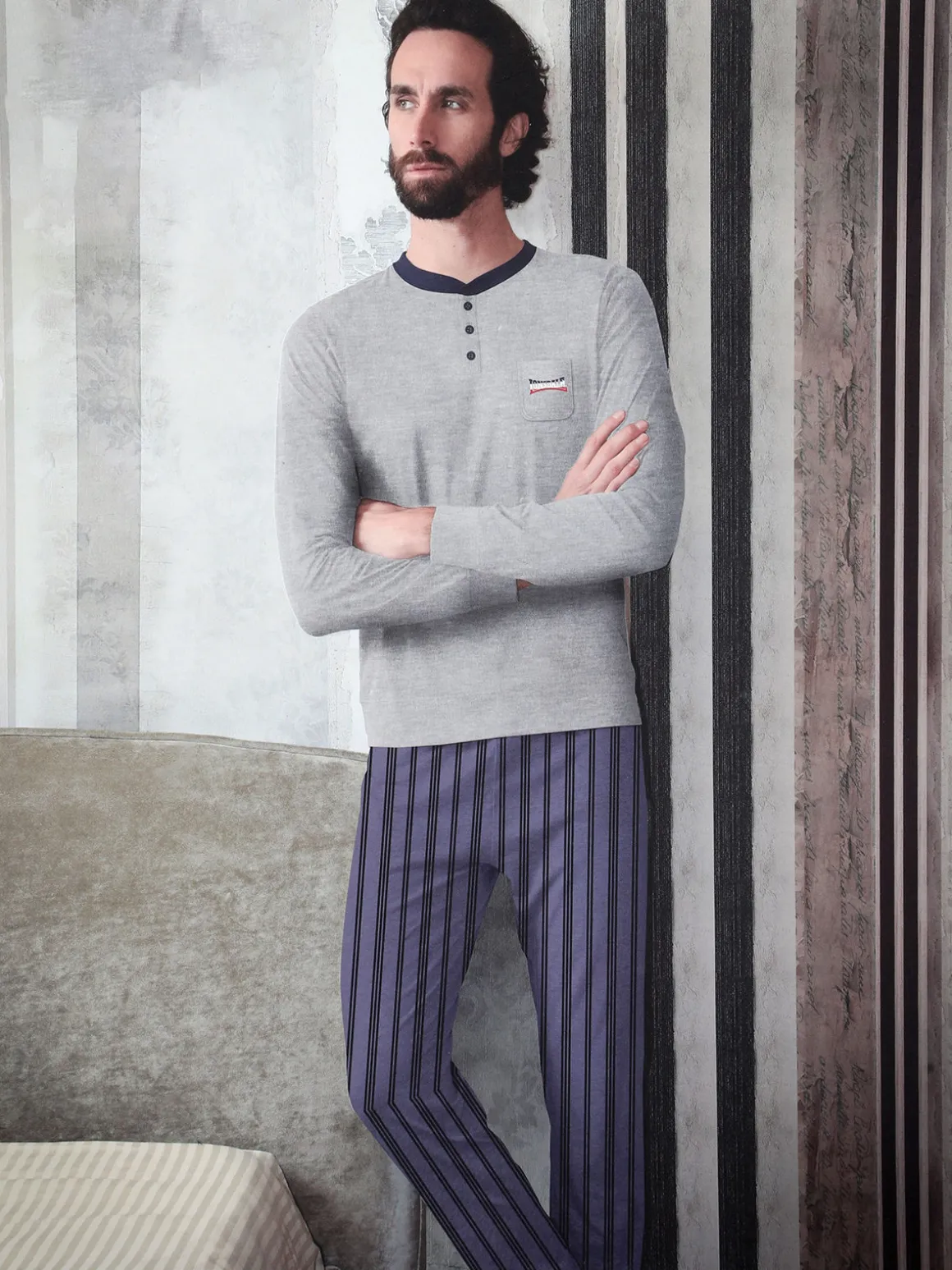Lonsdale Pigiama lungo da uomo in cotone con pantaloni a righe