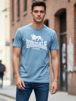 Lonsdale T-shirt da uomo in cotone con maxi stampa logo - cielo