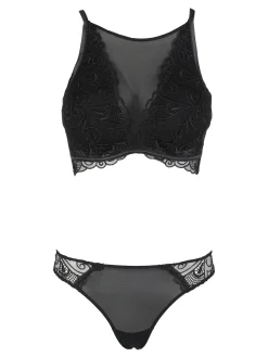 Lormar Broadway coordinato intimo da donna in pizzo e tulle con top bra + brasiliana COPPA B - nero