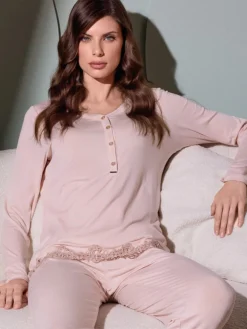 Lormar CHANSON Pigiama lungo da donna in viscosa con dettagli pizzo - rosa