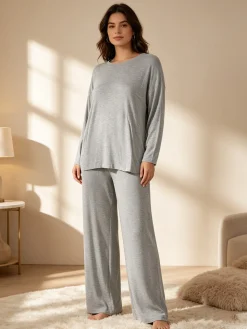 Lormar FITNESS Pigiama lungo da donna in viscosa con scollo tondo - grigio