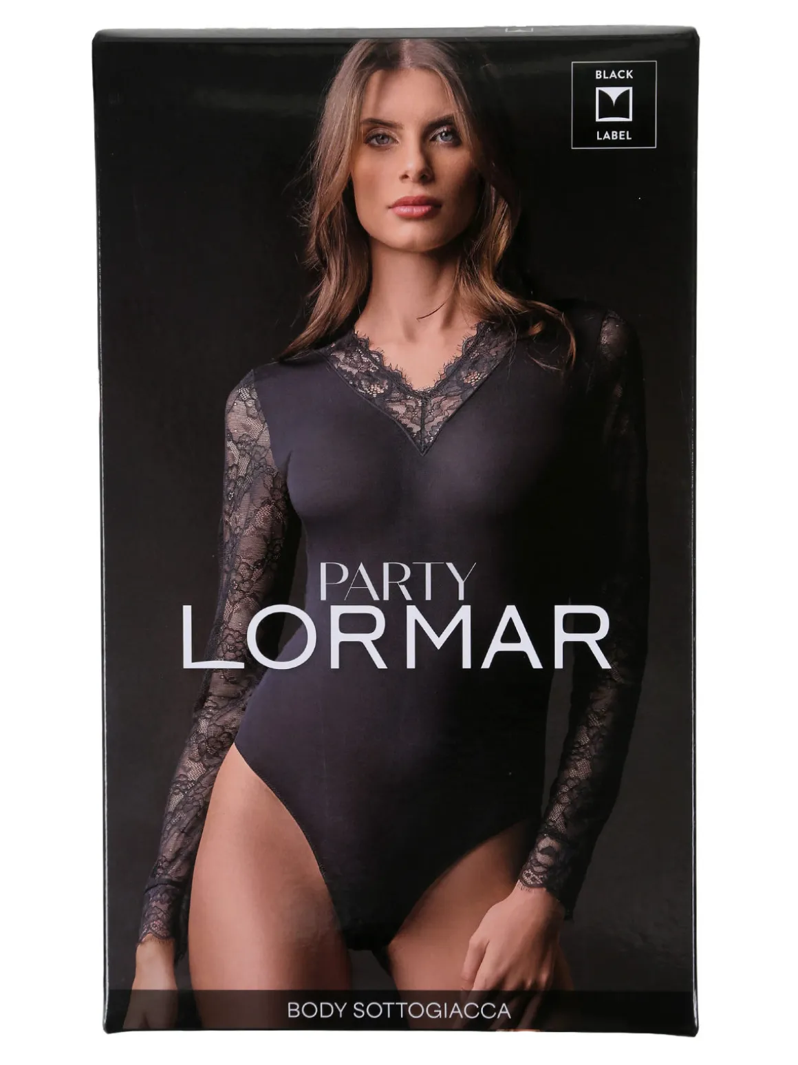 Lormar PARTY body donna a maniche lunghe con scollo a V in pizzo - nero