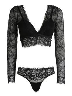 Lormar Party coordinato intimo donna in pizzo con top a maniche lunghe + brasiliana - nero