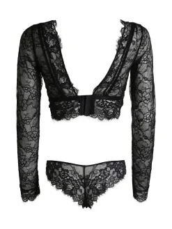 Lormar Party coordinato intimo donna in pizzo con top a maniche lunghe + brasiliana - nero