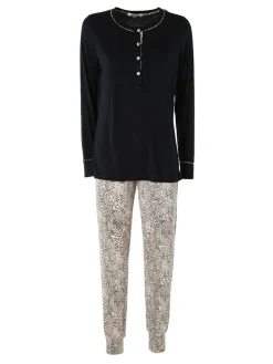 Lormar WILD Pigiama lugo da donna in viscosa con pantaloni animalier - nero