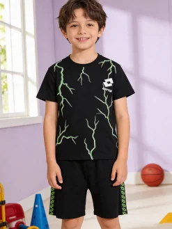 Lotto Completo corto da bambino in cotone con t-shirt e bermuda - nero