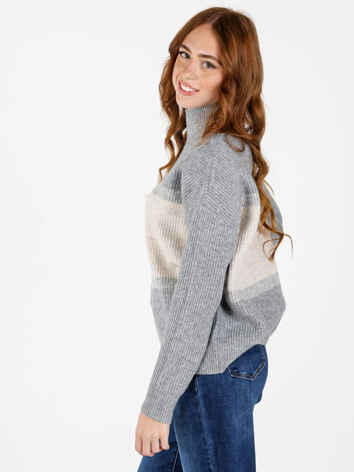Louise Doro Maglione donna accollato a blocchi di colore con strass - grigio