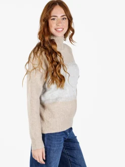 Louise Doro Maglione donna accollato a blocchi di colore con strass - beige
