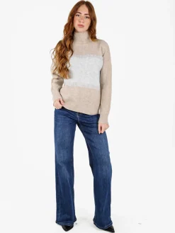 Louise Doro Maglione donna accollato a blocchi di colore con strass - beige