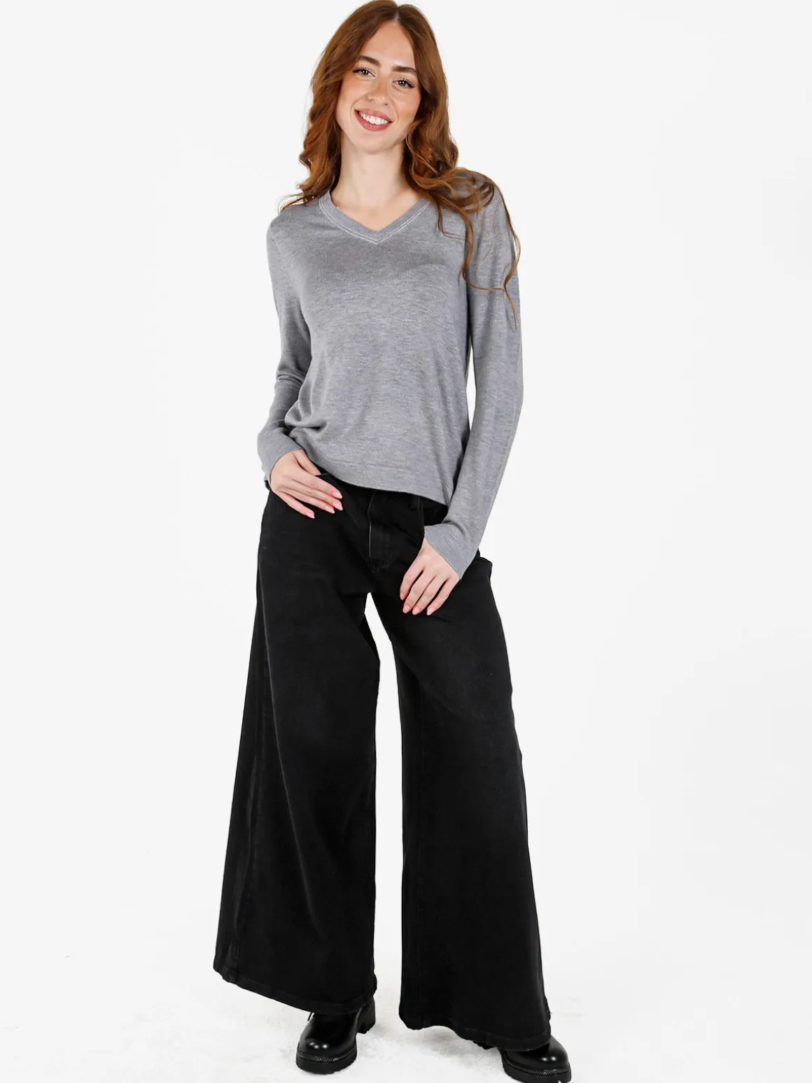 Louise Doro Pullover donna in maglia con scollo a V - grigio