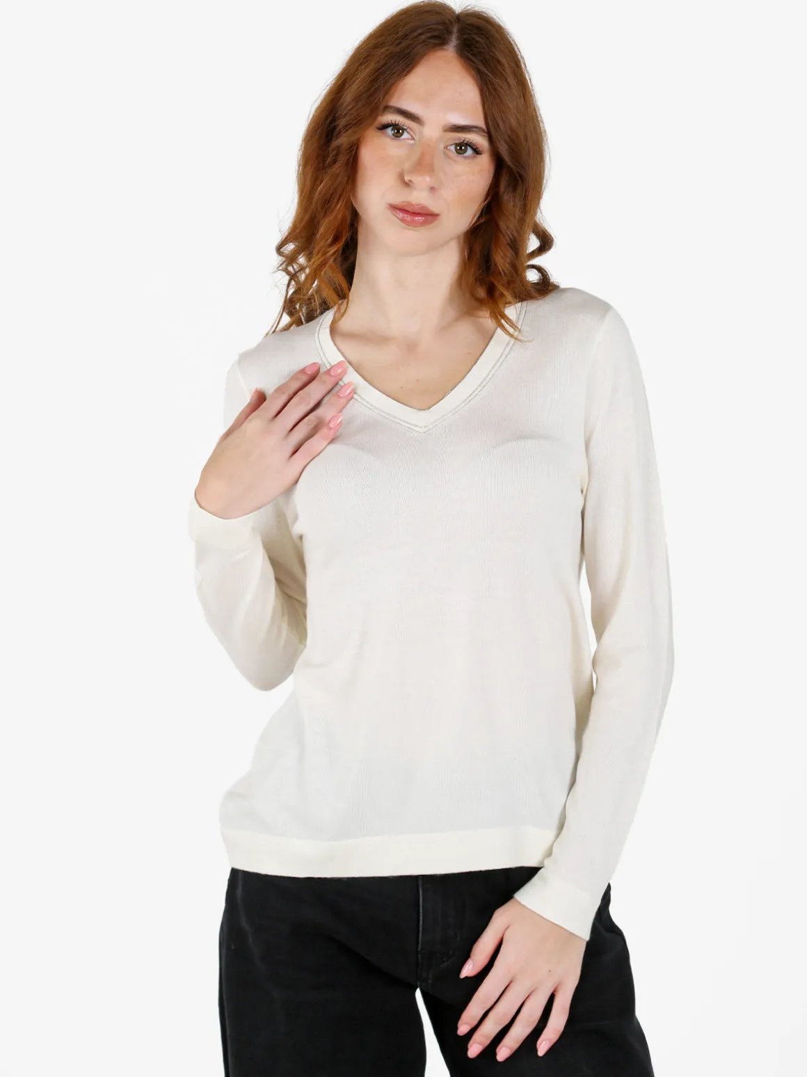 Louise Doro Pullover donna in maglia con scollo a V - bianco