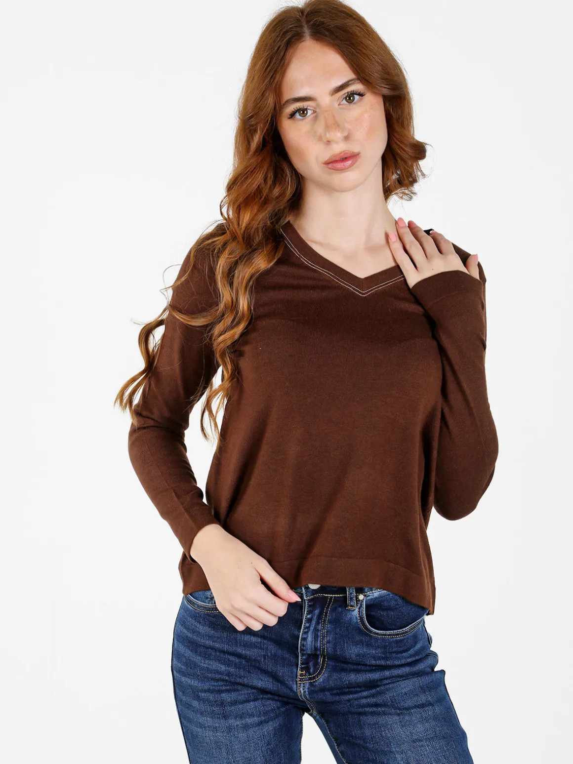 Louise Doro Pullover donna in maglia con scollo a V - marrone