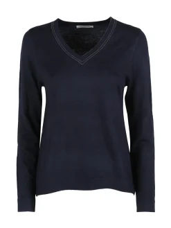 Louise Doro Pullover donna in maglia con scollo a V - blu scuro