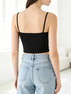 Lovery Top cropped da donna con scollo a cuore imbottito e spalline strette - nero