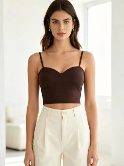 Lovery Top cropped da donna con scollo a cuore imbottito e spalline strette - moro