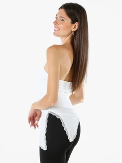 Lovery Top donna asimmetrico con scollo a fascia e bordo finale in pizzo - bianco