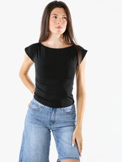 Lovery Top donna con scollo a barca e maniche corte - nero