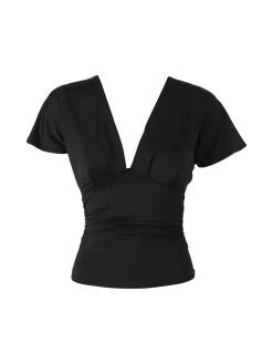 Lovery Top donna con scollo a V davanti e dietro con arricciature laterali - nero