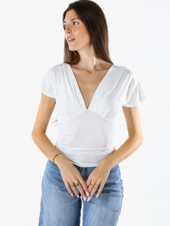 Lovery Top donna con scollo a V davanti e dietro con arricciature laterali - bianco