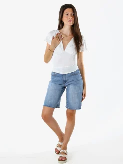 Lovery Top donna con scollo a V davanti e dietro con arricciature laterali - bianco