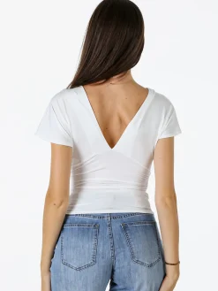 Lovery Top donna con scollo a V davanti e dietro con arricciature laterali - bianco