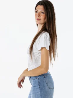 Lovery Top donna con scollo a V davanti e dietro con arricciature laterali - bianco