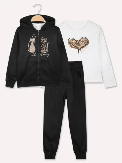 Luisa Chic Completo tuta 3 pezzi da bambina con cappuccio e zip - nero