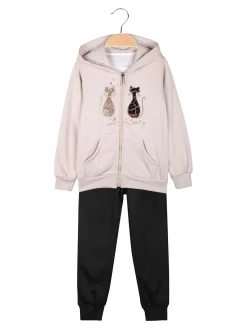 Luisa Chic Completo tuta 3 pezzi da bambina con cappuccio e zip - beige