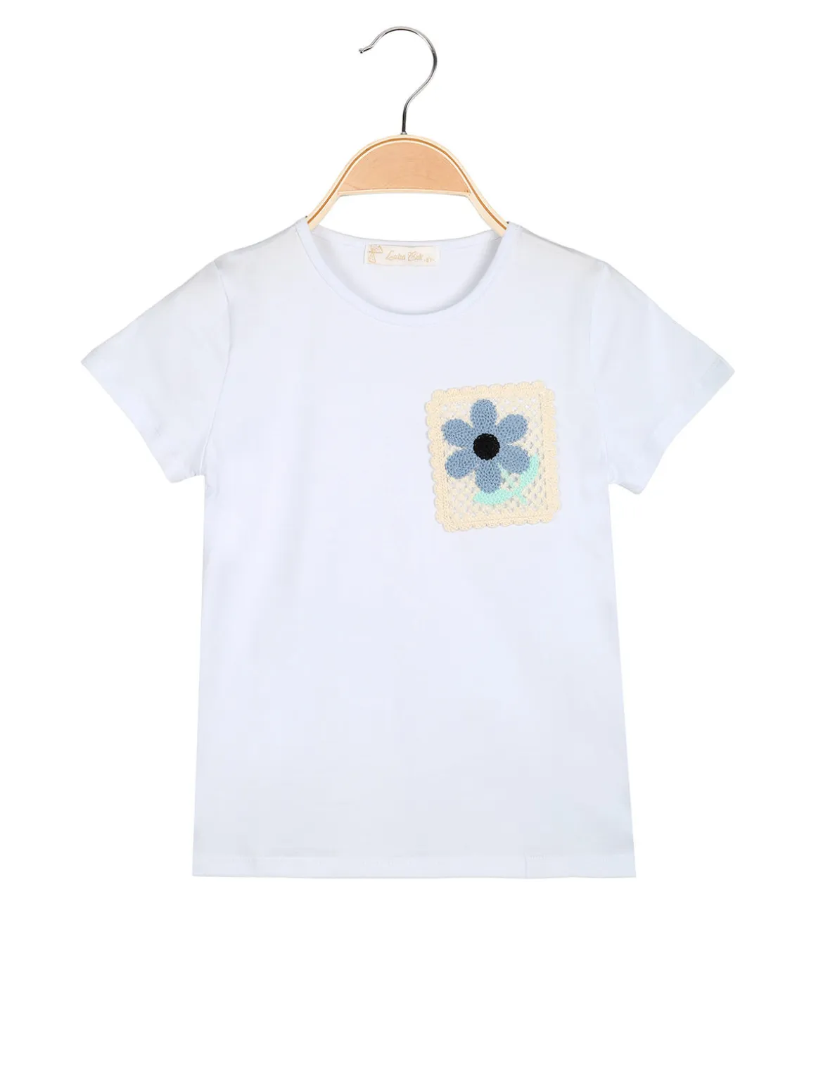 Luisa Chic T-shirt da bambina in cotone con toppa in macramè - bianco