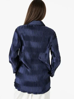 Luxesize Camicia plissettata da donna con maniche lunghe a palloncino - blu scuro