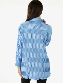 Luxesize Camicia plissettata da donna con maniche lunghe a palloncino - azzurro