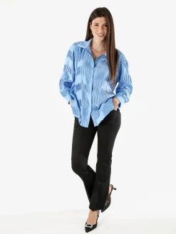 Luxesize Camicia plissettata da donna con maniche lunghe a palloncino - azzurro