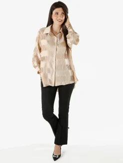 Luxesize Camicia plissettata da donna con maniche lunghe a palloncino - beige