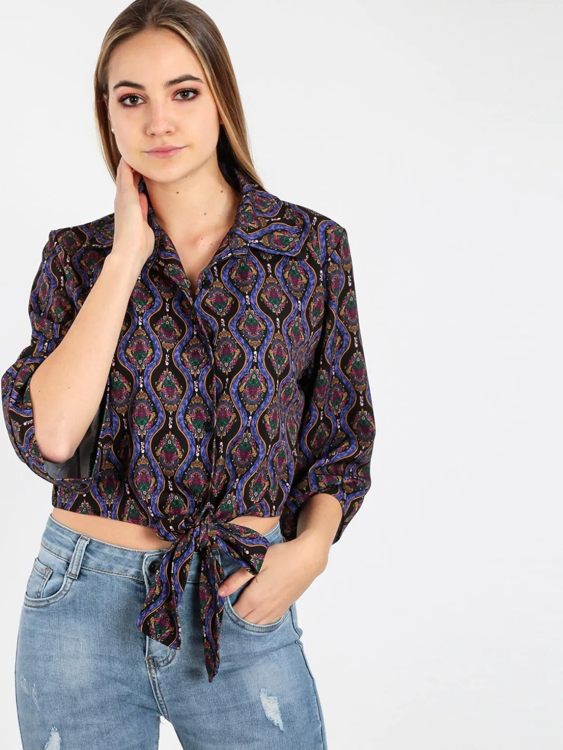 Made In Italy Camicetta donna cropped annodata con manica ampia a 3/4