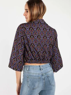 Made In Italy Camicetta donna cropped annodata con manica ampia a 3/4