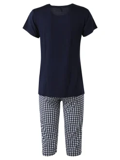 Magic Dream Pigiama da donna in fibre di bamboo con t-shirt e pinocchietti a quadretti - blu scuro