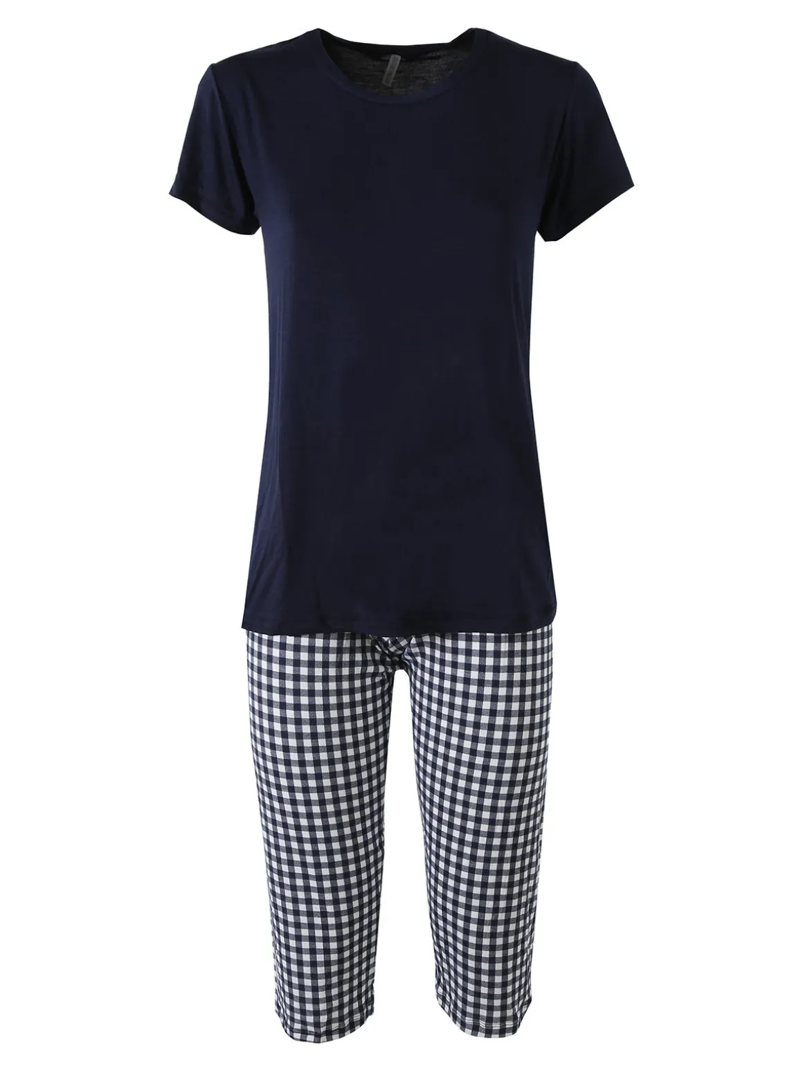 Magic Dream Pigiama da donna in fibre di bamboo con t-shirt e pinocchietti a quadretti - blu scuro