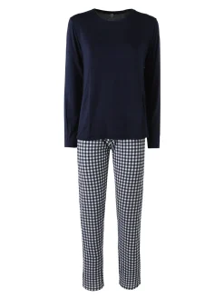 Magic Dream Pigiama lungo da donna in fibre di bamboo con pantaloni a quadretti - blu scuro