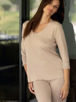 Magic Dream Pigiama lungo da donna in fibre di bambù con pizzo - naturale