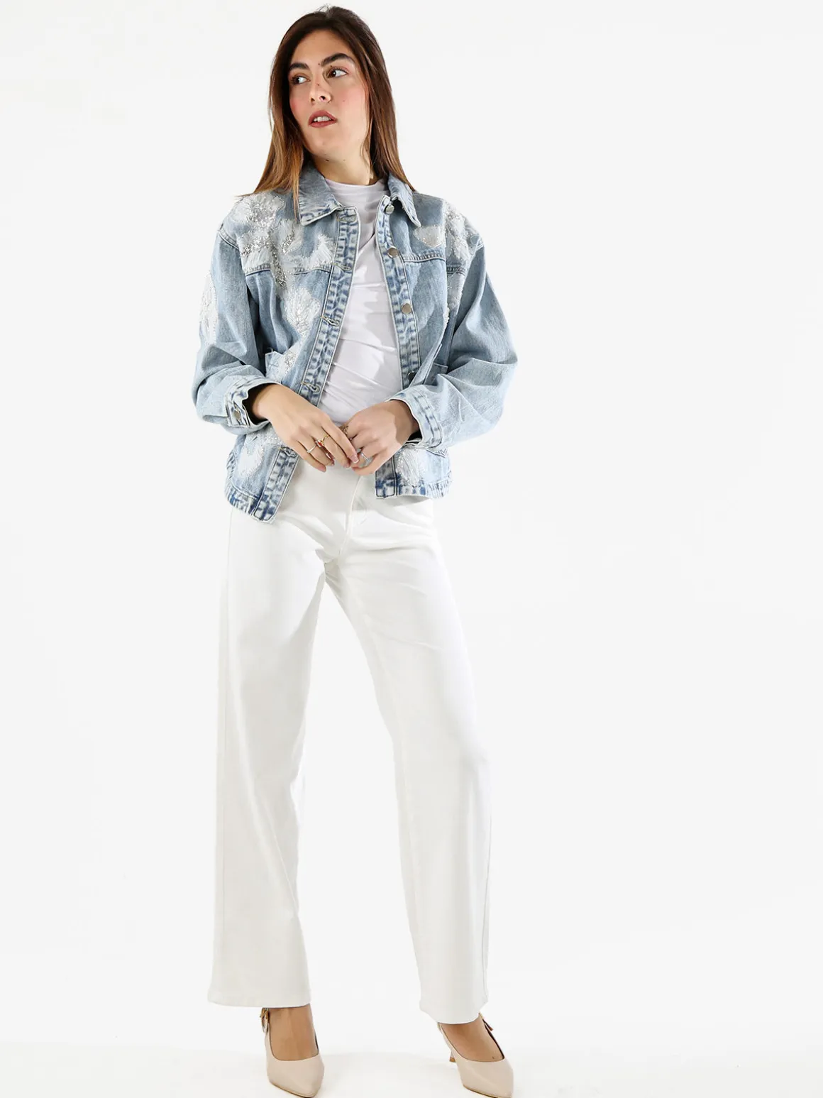 Max & Liu Pantaloni donna jeans a gamba larga - bianco