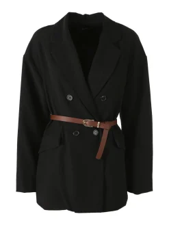 Melitea Blazer donna a doppiopetto con cintura in vita - nero
