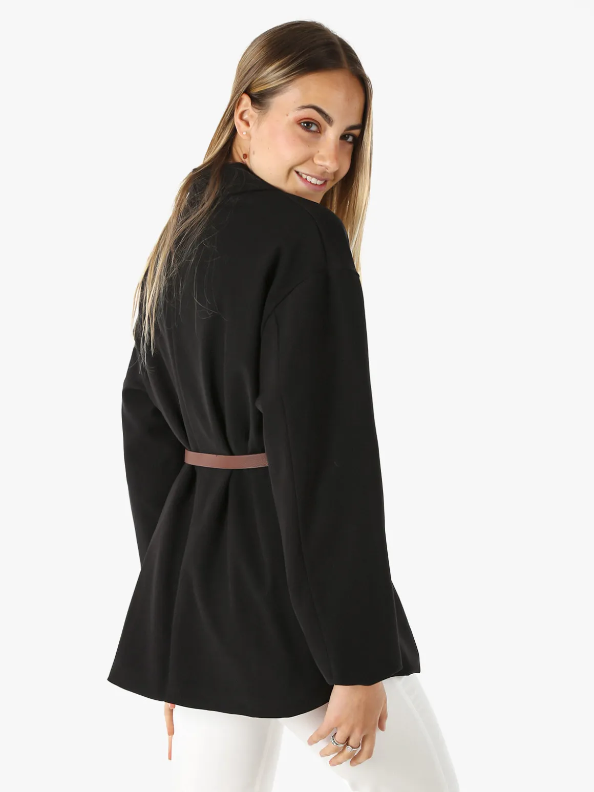 Melitea Blazer donna a doppiopetto con cintura in vita - nero