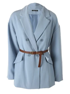 Melitea Blazer donna a doppiopetto con cintura in vita - cielo