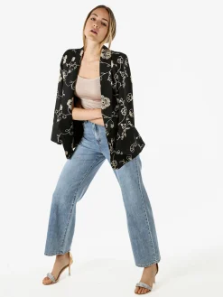 Melitea Blazer donna aperto con ricami floreali - nero