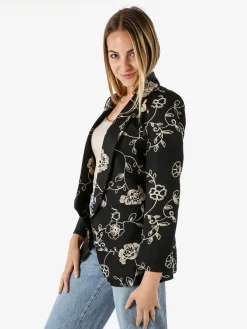 Melitea Blazer donna aperto con ricami floreali - nero