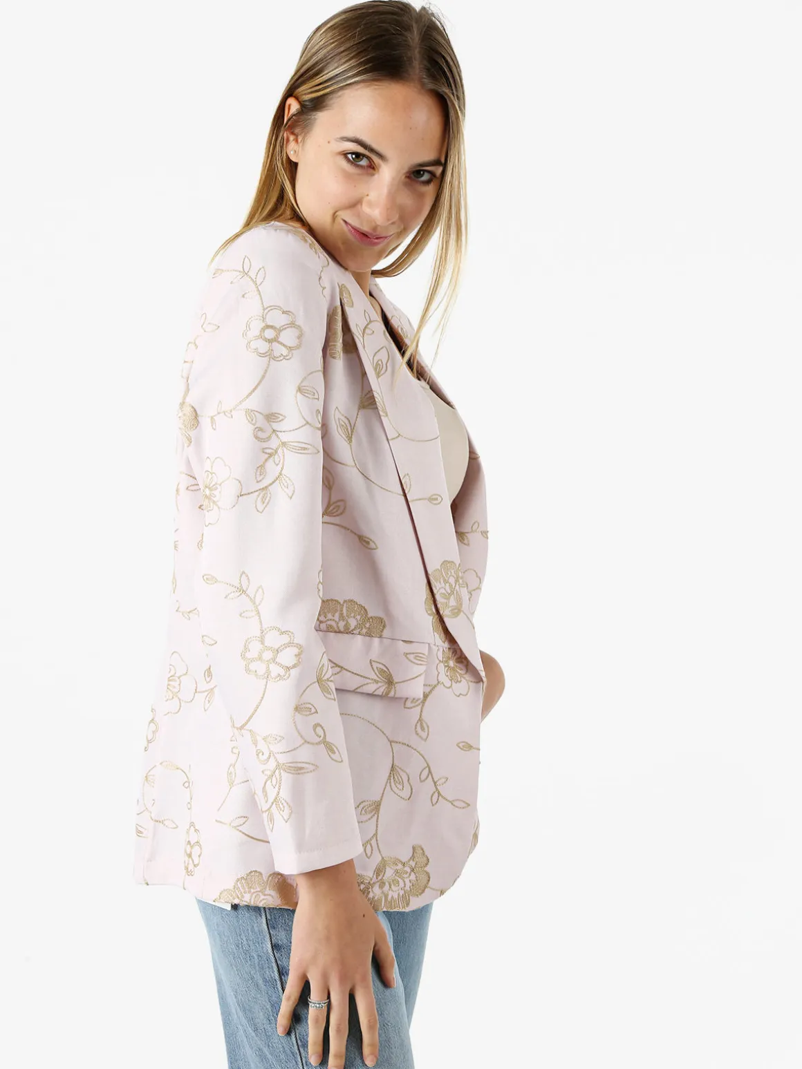 Melitea Blazer donna aperto con ricami floreali - rosa