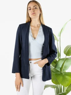 Melitea Blazer donna gessato senza chiusura - blu scuro